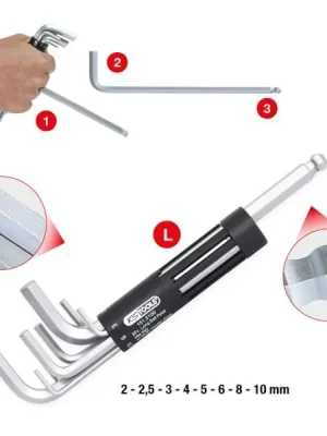 KS Tools Souprava úhlových klíčů s čepem, vnitřní šestihran, 3v1, 8dílná, dlouhé, kulatá hlava 151.2100 Akční Cena