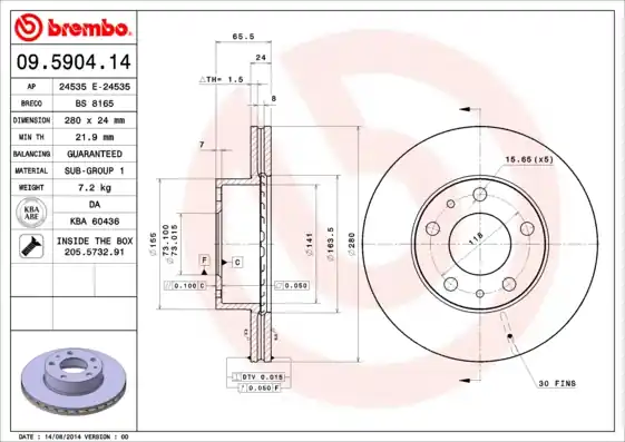 Tovární Cena Brzdový kotouč BREMBO 09590414
